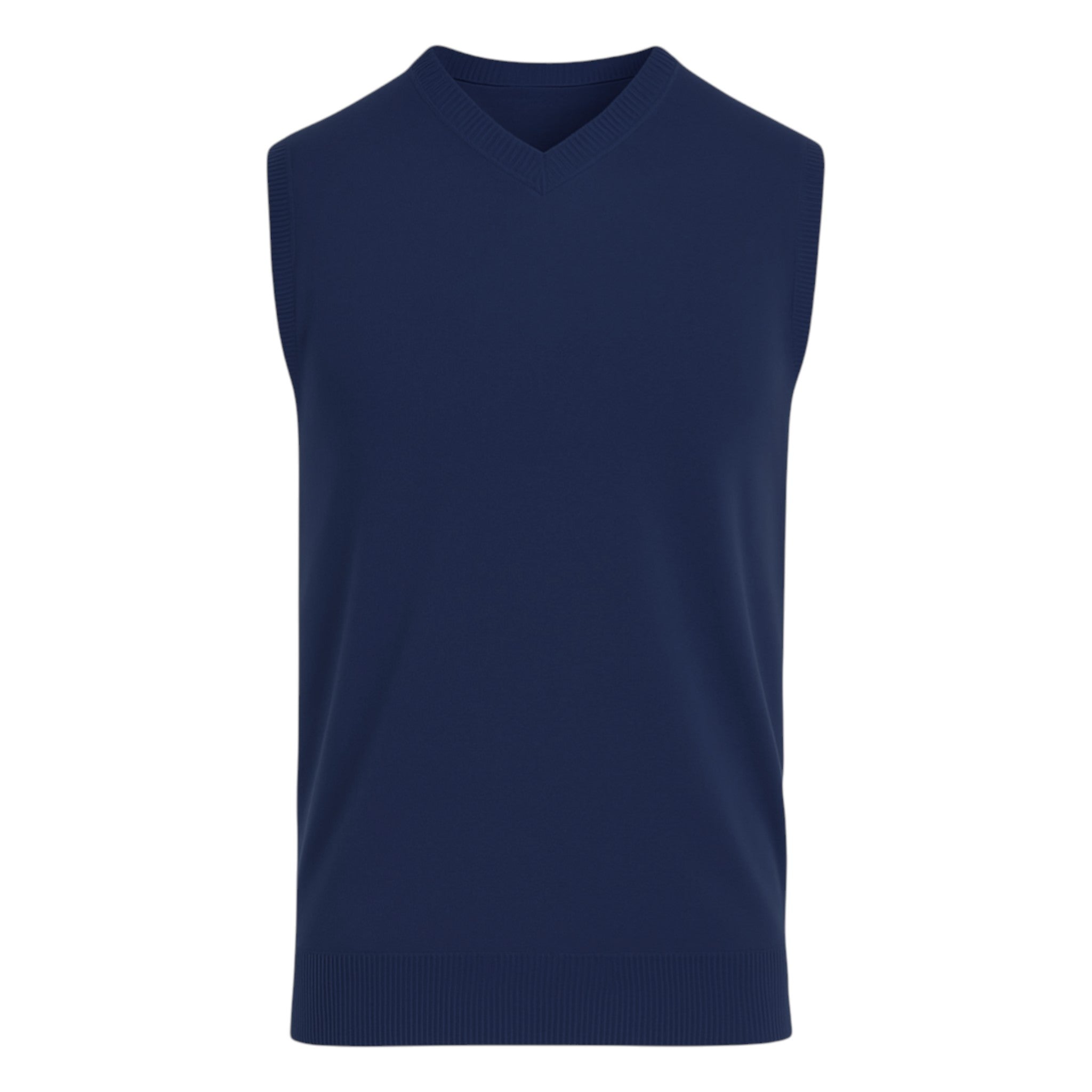 Men’s navy blue V-neck sleeveless jumper tank top – smart knit pullover